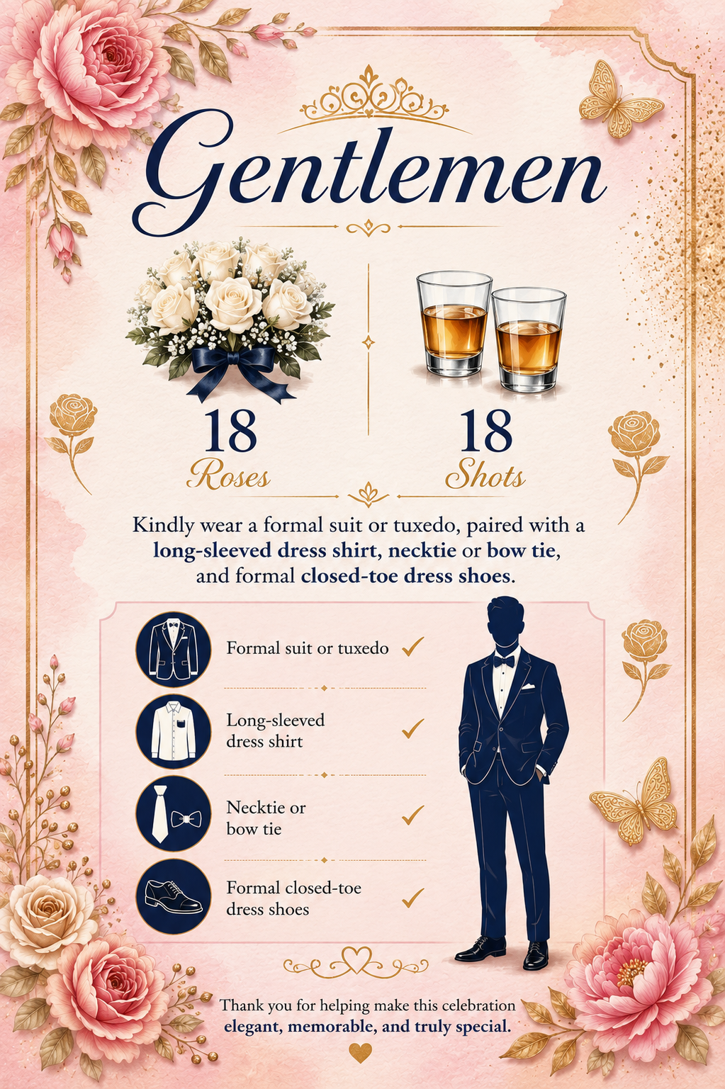 Gentlemen dress code — 18 Roses & Shots in formal suit or tuxedo